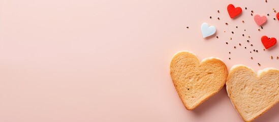Aufkleber - Heart shaped sandwiches and bread make a tasteful arrangement on the table isolated pastel background Copy space