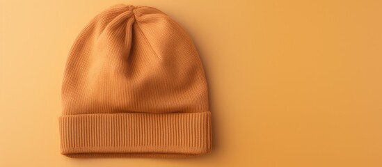 Poster - Kids wearing knitted cap in a photo Visible shadow Caramel shade isolated pastel background Copy space