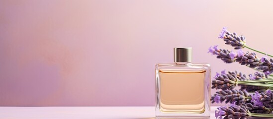 Poster - Aesthetic bottle of lavender oil on isolated pastel background Copy space