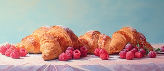 Poster - Breakfast of fresh croissants and jam isolated pastel background Copy space