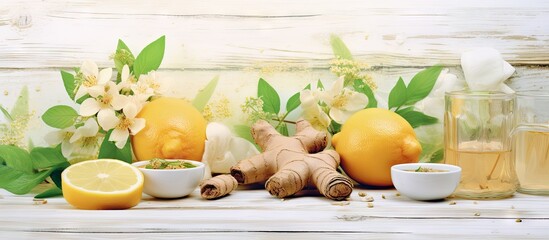 Poster - Ginger tea combining citrus sweetness herbs on a isolated pastel background Copy space