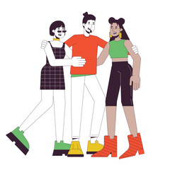 Poster - Friends community flat line color vector characters. Happy people communicate. Friendships. Editable outline full body people on white. Simple cartoon spot illustration for web graphic design