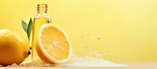 Poster - Lemon slice releasing essential oil to black bottle isolated pastel background Copy space