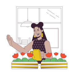 Poster - Greeting flat line concept vector spot illustration. Latina woman waving from window 2D cartoon outline character on white for web UI design. Community editable isolated color hero image