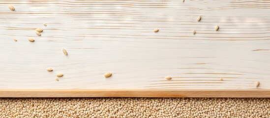 Aufkleber - Beautiful wooden table with dry white sesame seeds in a box for spices isolated pastel background Copy space