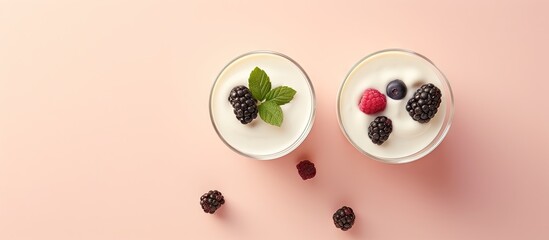 Poster - Front view of macro shot of wild berry topped white yogurt in two glasses on a isolated pastel background Copy space