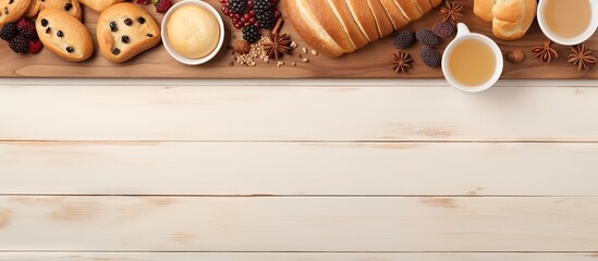 Poster - Bakery with bread raisins and a plate on a wooden floor Many raisins on a white plate isolated pastel background Copy space