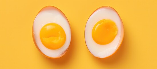 Poster - Halved boiled eggs with yolks on a isolated pastel background Copy space