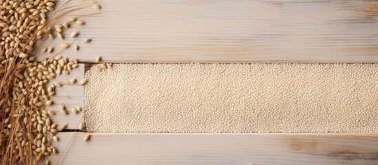 Aufkleber - Beautiful wooden table with dry white sesame seeds in a box for spices isolated pastel background Copy space