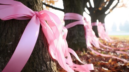 Pink ribbon on tree background. Breast Cancer Awareness concept. October Cancer Awareness Month. For poster, wallpaper, presentation, banner, Cover design, flyer, backdrop.