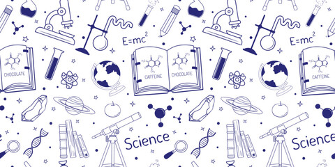 Science seamless pattern. Minimalistic repeating image for printing. Gift wrapping, paper. Science and research, flasks, books, test tubes, space, microscope, DNA, magnifier. 