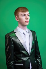 Wall Mural - a handsome young man wearing a futuristic suit standing against a green background