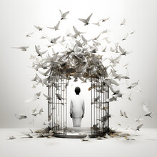 Man Inside A Cage With A Bird