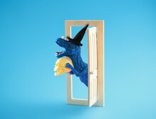Open Door With Funny Blue Dinosaur In Witch Hat Holding Human Skull. Halloween Minimal Poster.