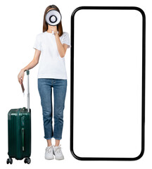 Wall Mural - Happy Asian woman traveler stand and holding megaphone with passport and plane tickets with suitcase and big smartphone mockup of blank screen isolated.