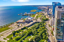 Milwaukee, WI USA - Aug 31, 2023:  Aerial View Of The Milwaukee, Wisconsin Lakefront Featuring Art Museum, Park And Apartment Buildings