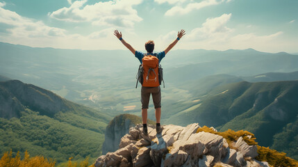 happy man with backpack standing on mountain top - delightful hiker with arms up standing on the cli