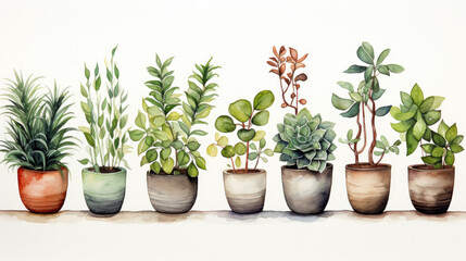 illustration of small plants in flowerpots isolated on white background.