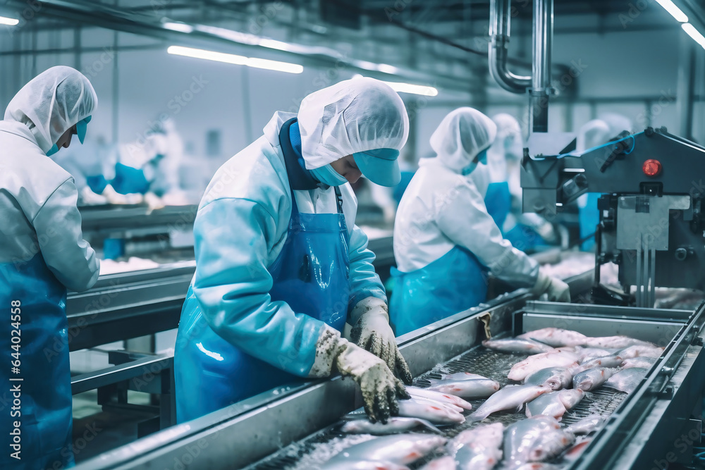 Fish Processing Backround Fish processing plant. Production Line. People sort the fish moving ...