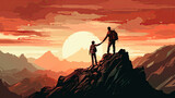 Fototapeta Góry - Hiker helping friend reach the mountain top, Generative Ai illustration
