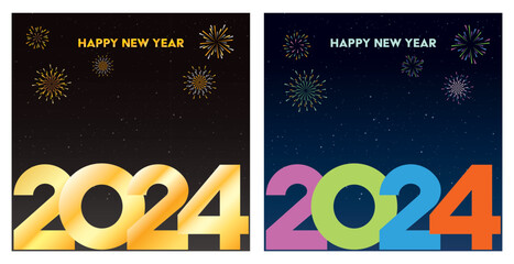 Happy New Year 2024 calligraphy with abstract colorful fireworks on night sky background have blank space. Greeting card square template.