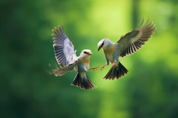 two birds in flight on green background