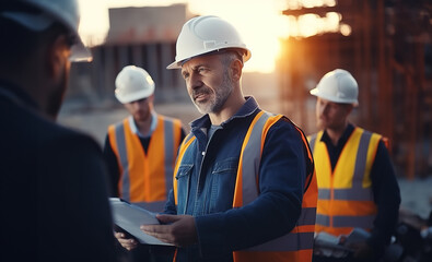 Architect man working with colleagues in the construction site. Engineer architects wearing safety helmet meeting at construction site.