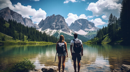 Wall Mural - a couple goes hiking in the mountains. beautiful weather with a blue sky and some white clouds. big mountains.