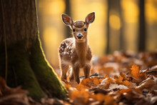 Close View Of A Baby Deer In The Woods Autumn Season