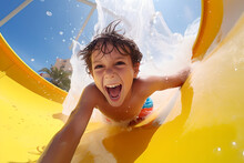 Happy Boy Going Down The Water Slide In The Water Park, Joyful Children Having Fun Splashing Into Pool After Going Down Water Slide