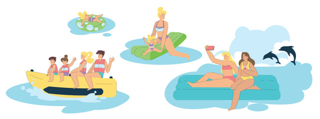 Canvas Print - Family Vacation with Parent and Kids Enjoy Resort and Summer Holiday Floating on Inflatable and Swimming Vector Set