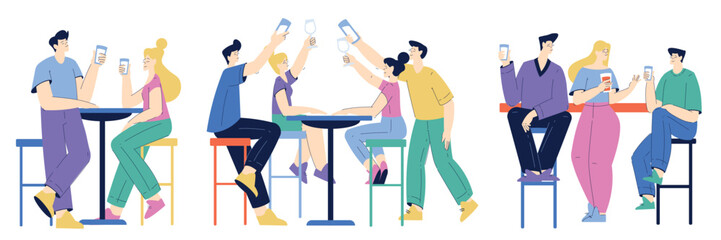 Poster - People Characters at Bar or Pub Sitting at Table with Drink Vector Set