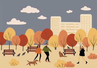 Wall Mural - fall scene clipart, autumn poster with people at city park, fall season printable card, autumn vibes wall art print, Flat style vector illustration clipart, digital download, cartoon character.