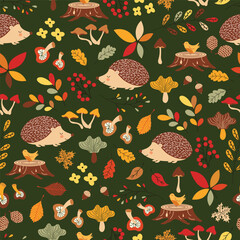 Wall Mural - Seamless pattern with forest animals, mushrooms, flowers and autumn leaves. Vector illustration.