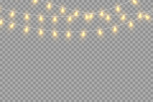 Christmas Golden Light Lights Isolated On Transparent Background, For Cards, Banners, Posters, Web Design. A Set Of Golden Luminous Garlands Descending From The Ceiling. LED Neon Lamp. Vector Illustra