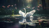 Mute swan flapping wings in the lake with beautiful flowers.