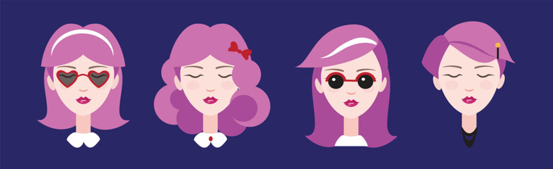 Sticker - Pink Haired Young Woman Head and Avatar with Different Hairstyles Vector Set