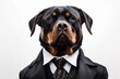 Medium shot portrait photography of a funny rottweiler wearing a dapper suit against a white background. With generative AI technology