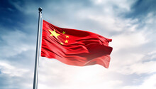 Waving Red National Flag Of China Against Blue Sky Background. Made With AI Gereration