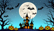 © Natasa - Happy Halloween banner background with bats, moon, castle, and pumpkins.