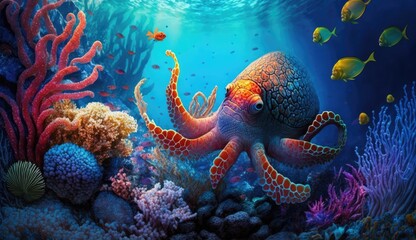 Wall Mural - octopus in the coral reef, animals of the underwater sea world, Generative AI
