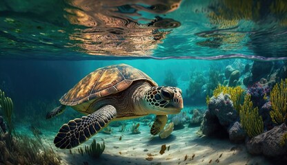 Wall Mural - turtle with Colorful tropical fish and animal sea life in the coral reef, animals of the underwater sea world, Generative AI