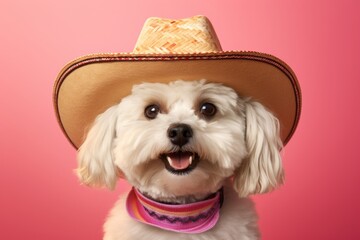 Wall Mural - close-up portrait photography of a happy havanese dog wearing a sombrero against a pastel pink backg