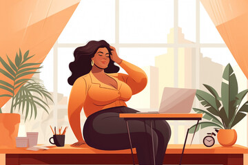 Body confident female executive confidently sits at her office desk with a laptop. A woman radiating self-love and self-acceptance, showcasing workplace diversity and inspiring confidence.