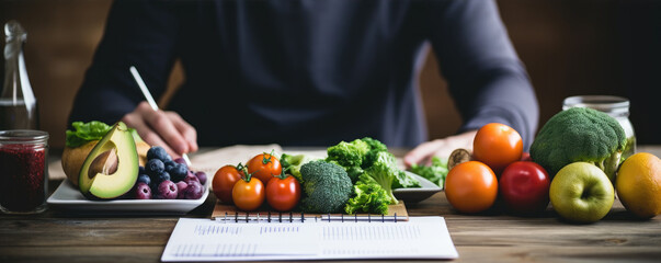 Dietitian writing diet plan,  with different healthy products and drawings on the topic of healthy eating.