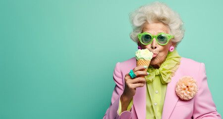 Old senior charming lady in pastel color clothes eat an ice cream on cone. Funny melting scene with food an older aged woman. The background is mint green, copy space.