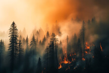 Generative Ai Illustration Of Forest On Fire With A Sky Covered In Smoke Reflecting The Flames Of The Fire
