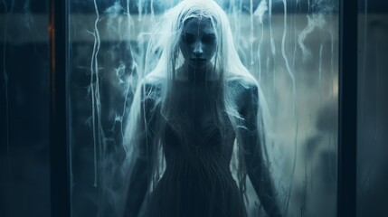 Canvas Print - Horror ghost woman behind the matte glass. Halloween festival concept