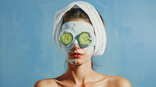 Funny And Surreal Portrait Of A Woman With A Towel Wrapped Around Her Head. The Woman Has Cucumber Slices Over Her Eyes And Her Face Is Carelessly Covered With Cream. Fresh And Funny Mood.