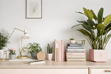 Stylish scandinavian home decor of interior with creative wooden desk, bamboo bookstand with accessories, books and plants. Pastel gentle calming yellow gold and light pink style